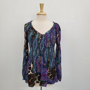 Allison Taylor Womens Paisley Multicolor Crinkle Long Sleeve V-Neck Blouse Top L
